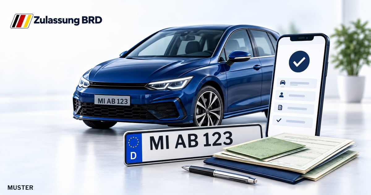 Online Fahrzeugzulassung in Lübbecke: Musterkennzeichen MI AB 123, Auto und Fahrzeugpapiere und Smartphone. Illustration mit Logo von Zulassung BRD.
